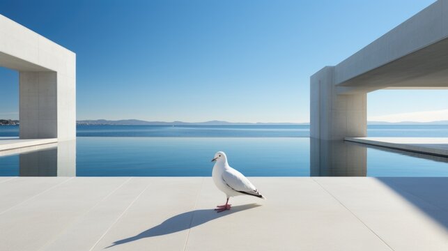 A seagull standing on the edge of a pool. AI.