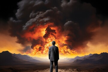 Obraz premium A man standing in front of a huge explosion. AI.