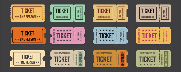 Vintage cinema ticket concert and festival event, movie theater coupon. Half price offer, promo code gift voucher and coupons template. Vector Illustration