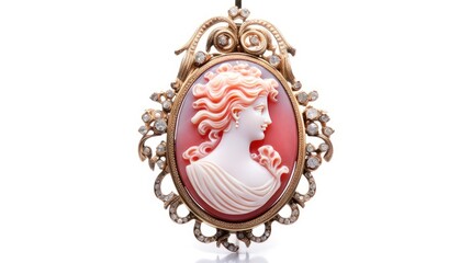 antique victorian coral cameo pendant with intricate carving isolated on a white background generative AI - obrazy, fototapety, plakaty