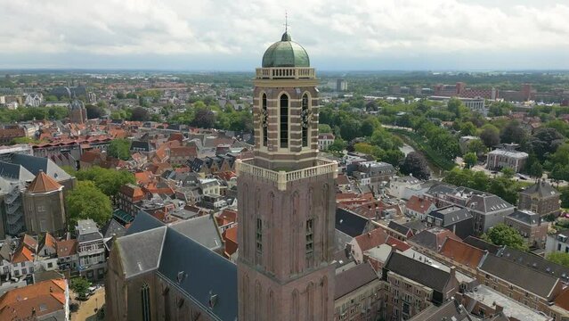 City centre of Zwolle and clock tower by drone