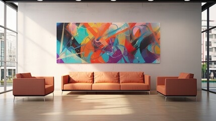 artsy corporate office wall mural graphic behind couch generative AI