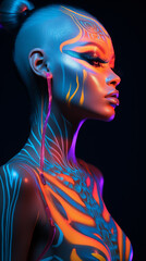 Retrato de uma jovem com maquiagem de arte de fantasia. Look de maquiagem ousado que incorpora a vibe cyberpunk, cores neon,