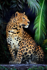 Fototapeta na wymiar Close young leopard portrait in jungle