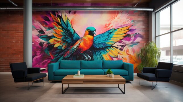 artsy corporate office wall mural graphic behind couch generative AI