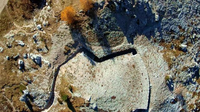 Aerial view of the trenches at Cinque Torri, Cortina d'Ampezzo. Veneto, Italy
