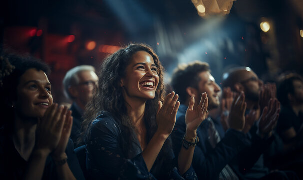 Happy audience applauding at a show or business seminar,theater performance listening and clapping at conference and presentation.Group of supporters,fans cheering excited applauding