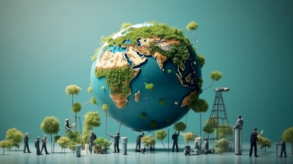 A world globe surrounded by figurines. Global business concept. Miniature model around transparent globe. ESG icon for Environment Social and Governance, World sustainable.environment concept.