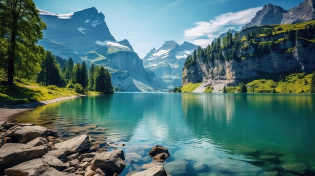 beautiful tranquil alpine lake oeschinen switzerland breathtaking mountainous backdrop turquoise water relaxing peaceful scenery european alps generative AI