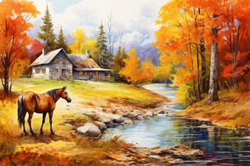 Fotobehang beautiful autumn landscape with a horse, river, forest and small house. generative ai. © Joose