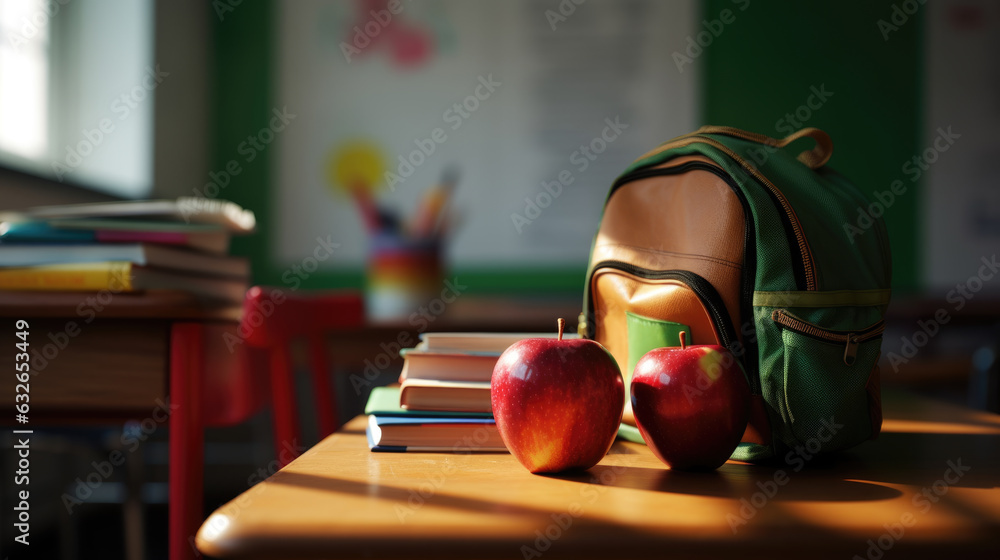 Aufkleber school backpack on the desk in front of the classroom. created with generative ai technology.