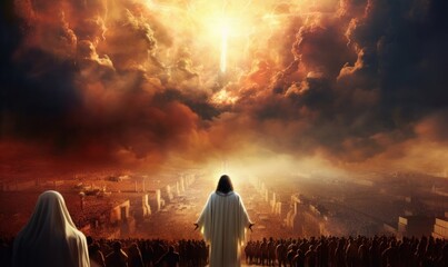Revelation of Jesus Christ, new testament, religion of christianity, heaven and hell over the crowd of people, Jerusalem of the bible, Generative AI