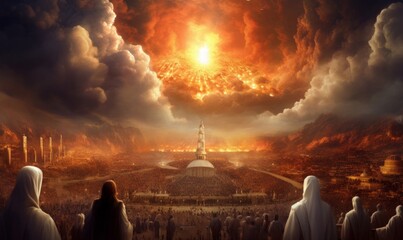 Revelation of Jesus Christ, new testament, religion of christianity, heaven and hell over the crowd of people, Jerusalem of the bible, Generative AI