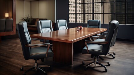 Naklejka premium board room table with leather rolling chairs generative AI