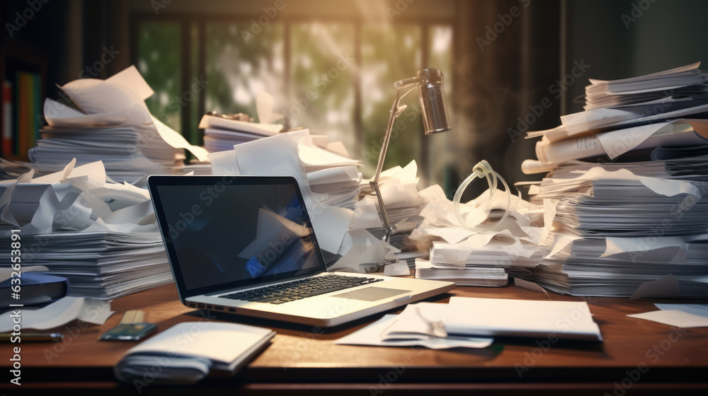 Poster stack of documents with pc lying on the office desk.created with generative ai technology.
