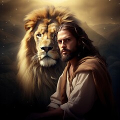Jesus Christ and the lion of judah, religion and faith of christianity, bibical story, book of Genesis, Generative AI - obrazy, fototapety, plakaty