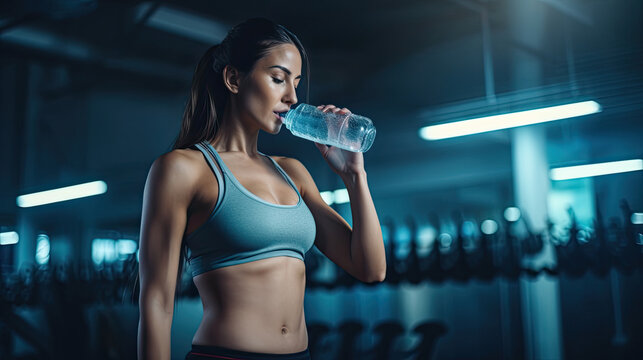 Athlete Woman Drinking Pure Water After Workout Exercise or Training Building Muscles and Burning Fat Cardio, Refresh Body Healthy Lifestyle in Fitness Gym.