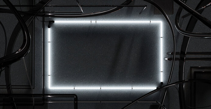 square neon sign Brick wall and frame Signboard Abandoned factory Old warehouse Neon lights on cement wall Text frame on brick wall Old background 3d illustration