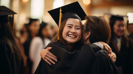 Capture the emotions of the student's teachers, congratulating them with warm hugs and smiles, amidst a vibrant bokeh-filled graduation ceremony.