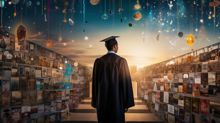 Craft a heartfelt collage of the student's journey, from childhood to graduation, with bokeh lights symbolizing the bright moments that led to this achievement.