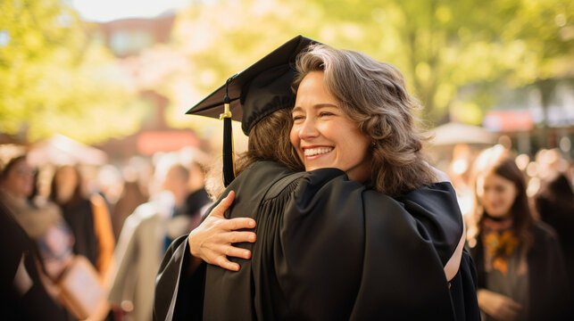 Capture the emotions of the student's teachers, congratulating them with warm hugs and smiles, amidst a vibrant bokeh-filled graduation ceremony." 