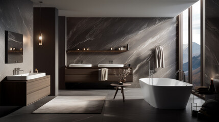 gray luxury bathroom with two sinks and a bathtub with a view of the landscape