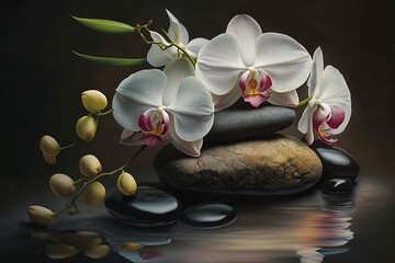 White orchid flowers in water, spa concept Generative AI.