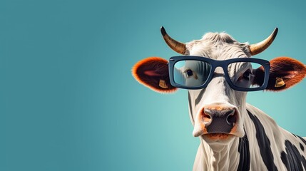Cow wearing sunglasses in front of a blue background, surreal animal portrait, Generative AI - obrazy, fototapety, plakaty
