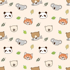 Seamless Pattern of Cartoon Bear, Koala, Panda and Leaf Design on Beige Color Background