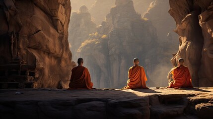 buddhist monks in orange saffron robes meditating praying outdoors rocky cliffs, datong hanging monastery china precipitous height generative AI - obrazy, fototapety, plakaty