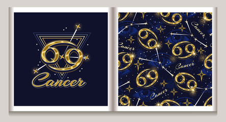 Pattern, label with gold icon of zodiac sign Cancer, constellation with stars, third eye, text, triangle as alchemical symbol of water element. Mystic esoteric concept. Vintage style.