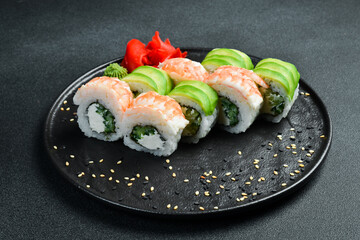 Sushi roll set with shrimp, avocado and cream cheese (Philadelphia). Asian cuisine. Top view. Free space for your text.
