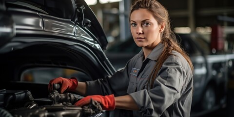 Fototapeta na wymiar Woman mechanic with car repair tool in garage