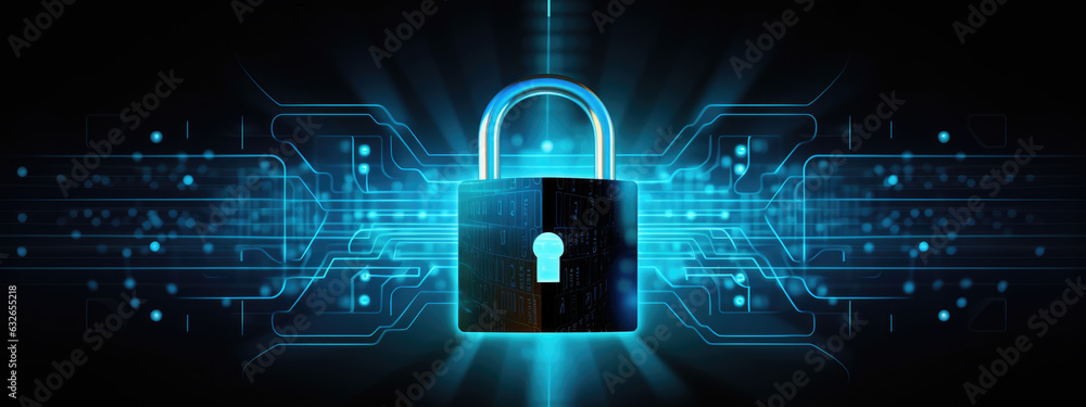 Poster closed digital lock key on digital background. cybersecurity and information or network protection. 