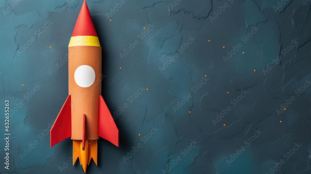 Poster back to school concept with a rocket, pencils on a chalkboard background. created with generative ai