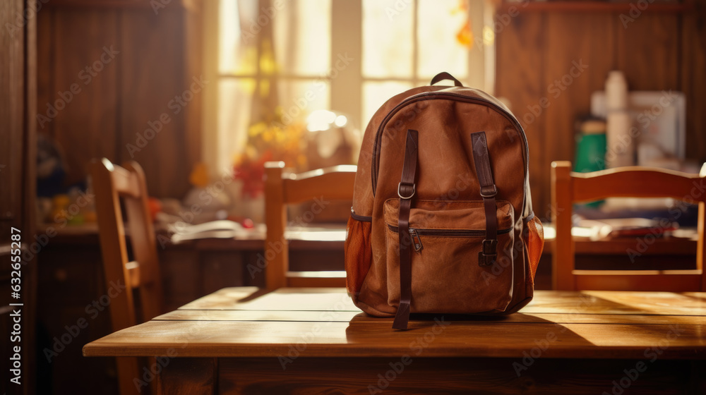 Poster backpack with school supplies on the table in the classroom. created with generative ai technology.