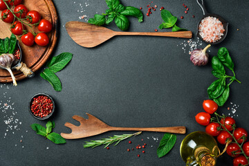 Cooking banner. Background with spices and vegetables. Top view. Free space for your text.