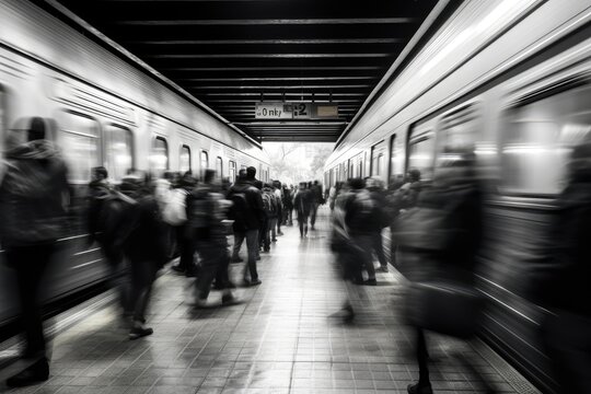 black and white photo of a crowded subway station with motion blur - created using generative AI tools