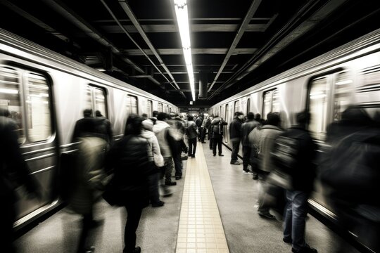 black and white photo of a crowded subway station with motion blur - created using generative AI tools