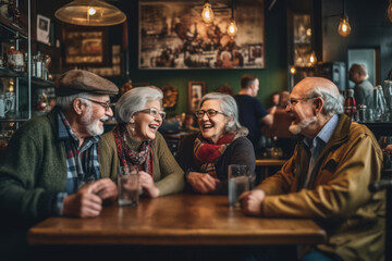 A group of seniors enjoying a lively conversation and laughter while sipping coffee at a cozy cafe, representing friendship, connection, and vibrant social lives. Generative Ai - obrazy, fototapety, plakaty