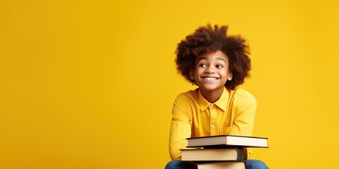Cheerful schoolgirl sit behind a stack of books on a yellow background. - Powered by Adobe