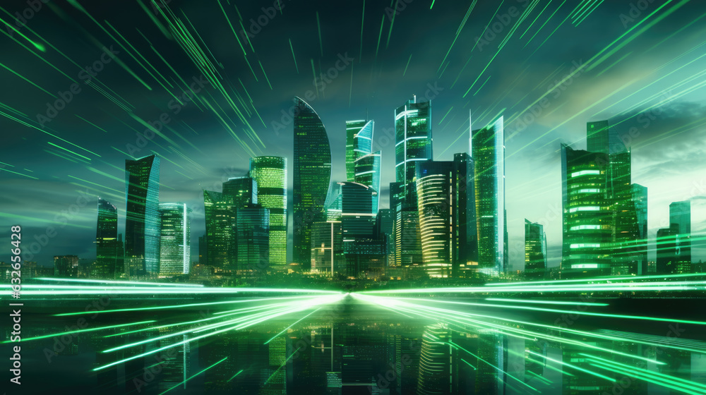 Poster abstract background of green smart futuristic city. created with generative ai technology.