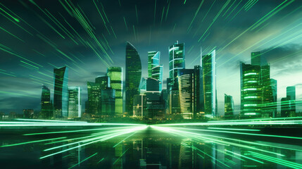Abstract background of green smart futuristic city. Created with Generative AI technology.