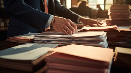 Businessman hands working in Stacks of paper files for searching information on work desk in office