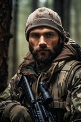 Obraz premium Elite soldier in forest with blurred forest background