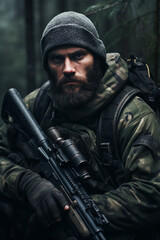 Fototapeta premium Elite soldier in forest with blurred forest background