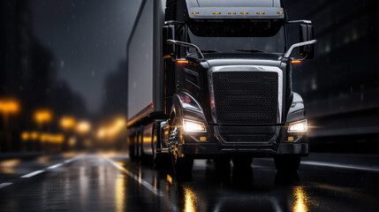 American style Truck driving on the asphalt road at night. Created with Generative AI technology.