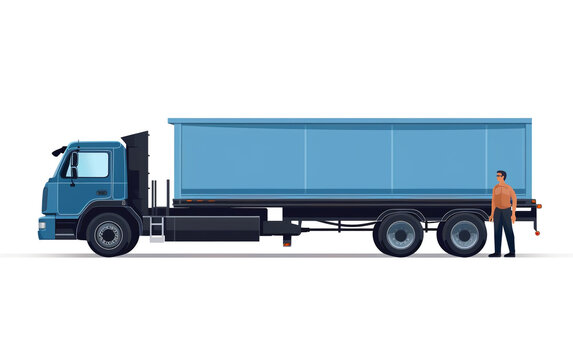 A illustration of a Pickup truck with a large tipper trailer and a male driver against a white background.