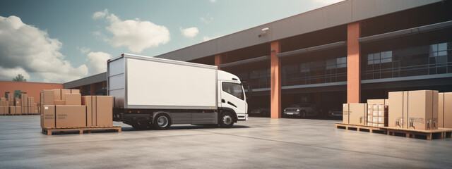 Outside of Logistics Warehouse, Delivery Van Loaded with Cardboard Boxes. Created with Generative AI technology.