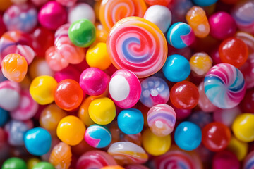 Closeup shot of various candies with lolypops 